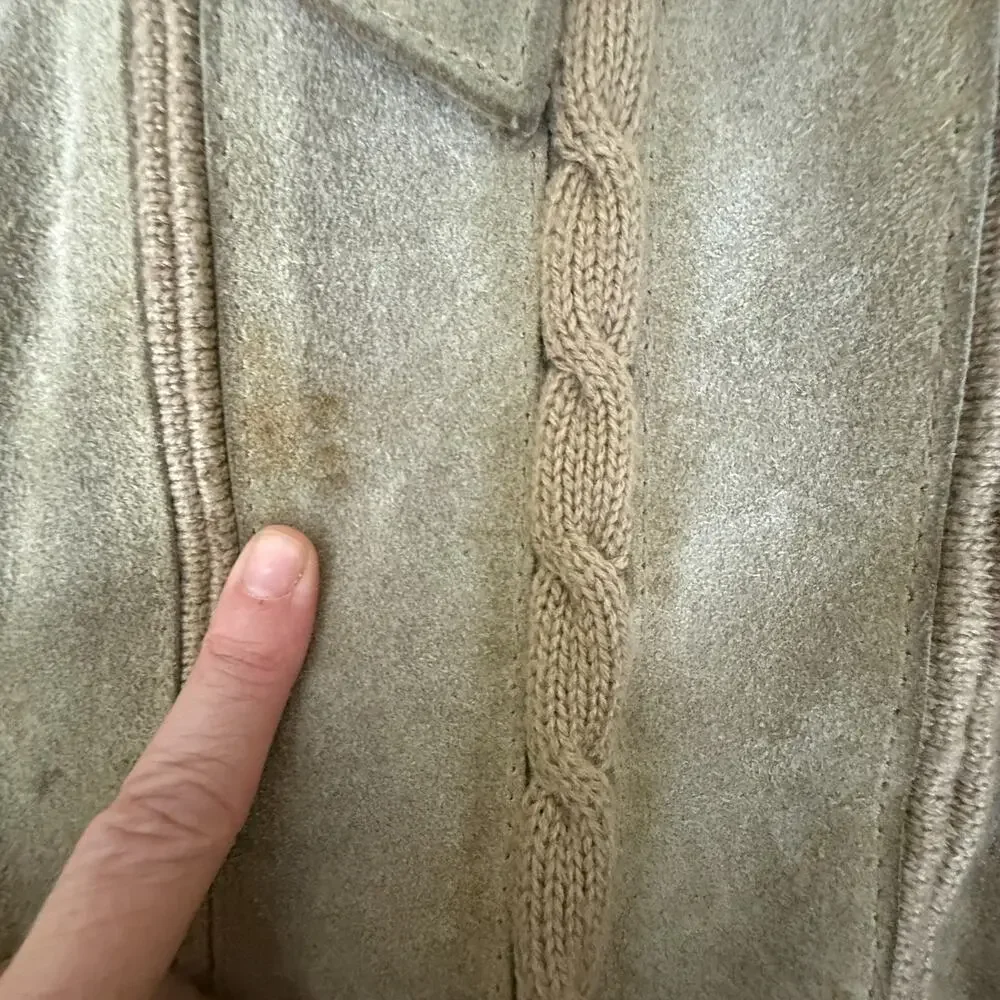 Richmond Men’s L Genuine Leather Front Knit Zip Sweater Jacket Tan Beige